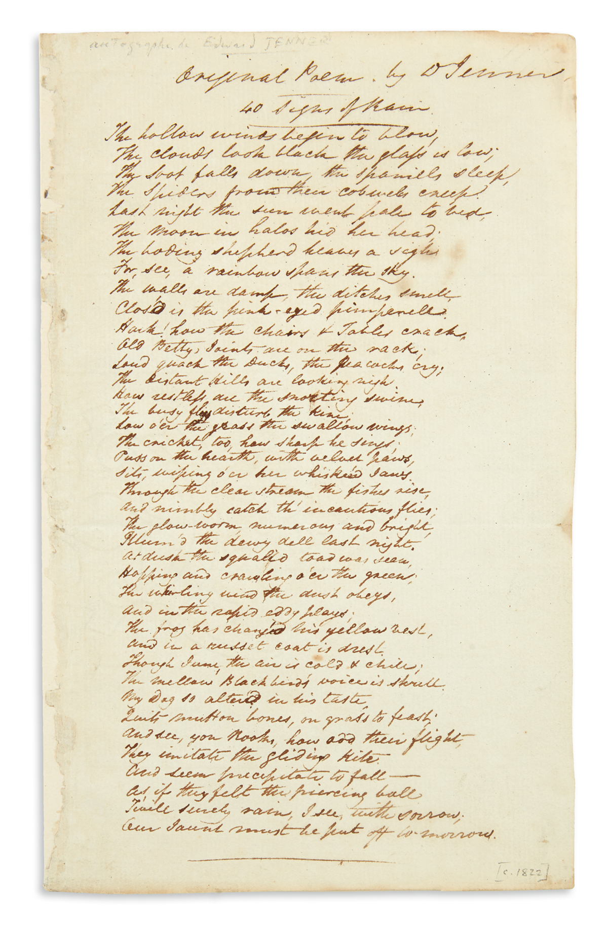 (SCIENTISTS.) JENNER, EDWARD. Autograph Manuscript Signed, DrJenner, his complete 40-line poem entitled 40 Signs of Rain,